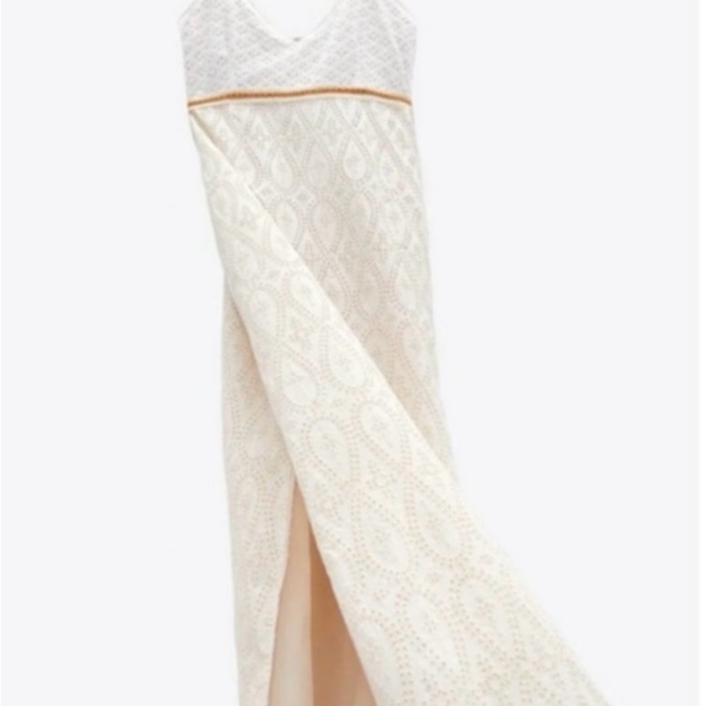 Zara Cream Eyelet Dress with Tan Accents Limited Edition